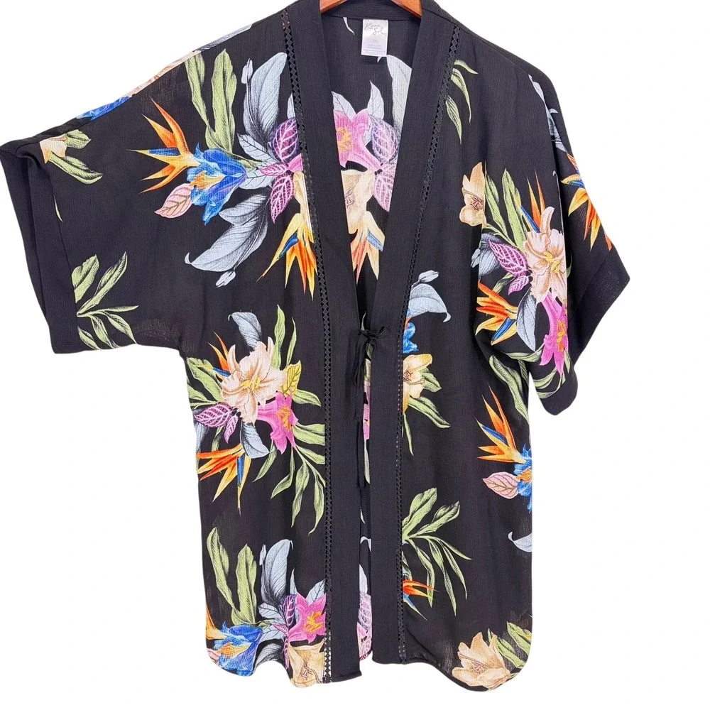 Kona Sol Womens Kimono Cover Up S/M Black Tropical Floral Bird of Paradise Wrap